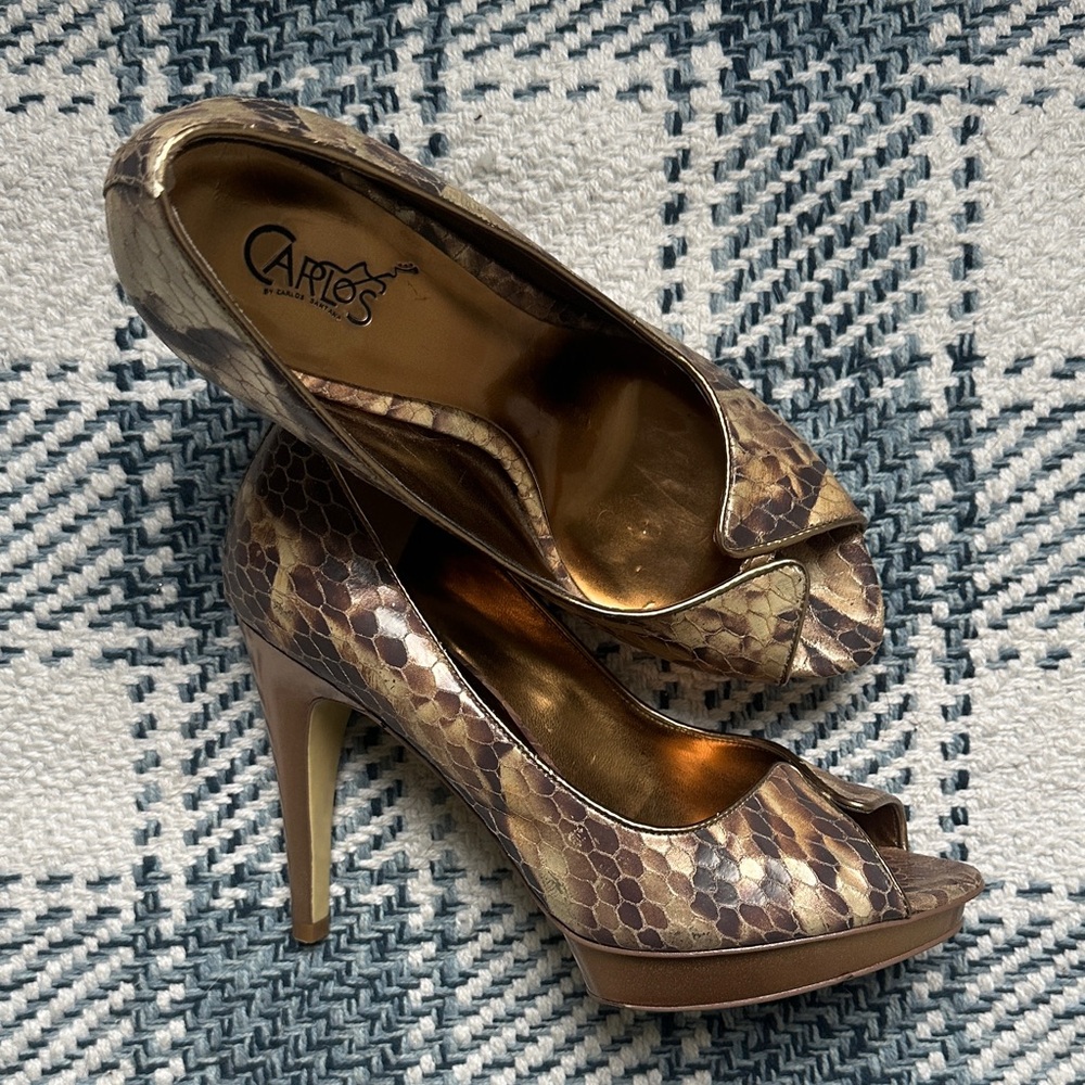 Carlos Peep-Toe Snake Print Heels